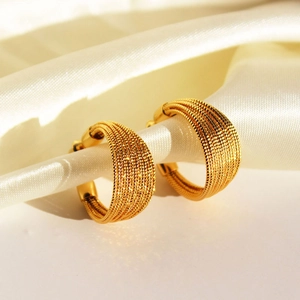 Fashion multi-layer brushed gold hoop earrings with textured C-shape design for women
