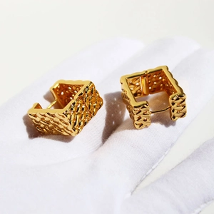 Golden square woven mesh earrings with intricate hollow design in a minimalist style