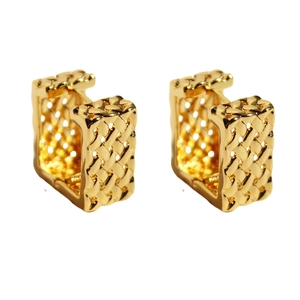 Golden hollow woven mesh rectangle earrings with vintage geometric metal texture