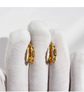 Close-up of golden bamboo-joint earrings with micro-set zircon stones in high detail