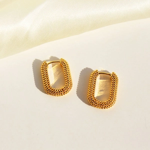 Vintage Beaded Texture U-Shape Hoop Earrings Gold Plated Brass Rectangle Huggie Geometric Fashion Jewelry For Women