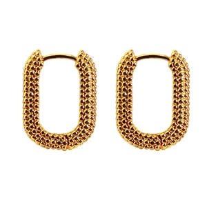 Golden rectangular hoop earrings with grainy textured surface and snap closure