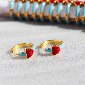 Vintage Heart Hoop Earrings Brass Blue Red Enamel Sweet Fashion Jewelry For Women Huggies