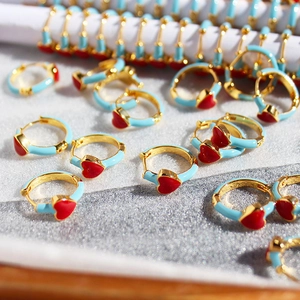 Vintage style heart drop earrings with light blue enamel hoop and red heart pendant
