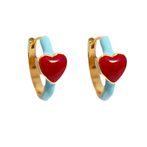 Blue enamel heart hoop earrings in gold finish with red heart charms for women
