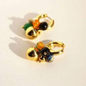 Brass Agate Hoop Earrings With Multicolor Beads And Gold Balls Bohemian Retro Style Geometric Jewelry For Women