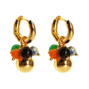 Statement drop earrings with colorful agate beads and oversized polished gold spheres