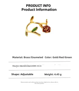 Detailed view of red enamel rose ring with green leaves and 0.8cm band width