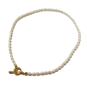 Elegant freshwater pearl necklace with gold textured OT toggle clasp on white background