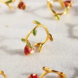 French vintage gold rose ring with red enamel flower bud and green vine design