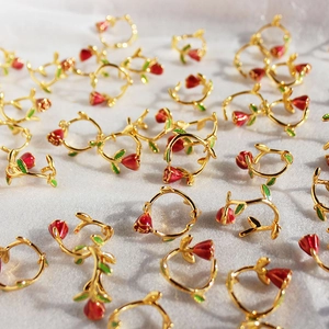 French retro red rose open ring with gold finish and enamel flower details