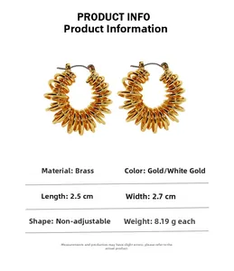 Detail specifications of spiral hollow gold hoop earrings with brass texture and measurements