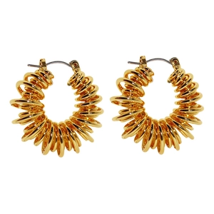 Golden spiral hollow spring hoop earrings in polished brass with textured 3D wire design