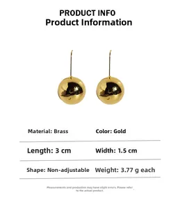 Detailed view of gold brass ball earrings with dimensions and technical specifications