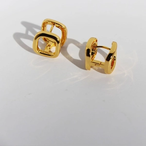 Minimalist gold-plated brass square hoop earrings with geometric hollow H-shape design