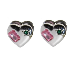 Silver heart earrings with pink rectangular gem and green star stone on white background