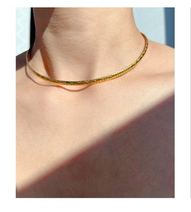 Close-up of gold-plated snake chain necklace featuring elegant segmented metal texture