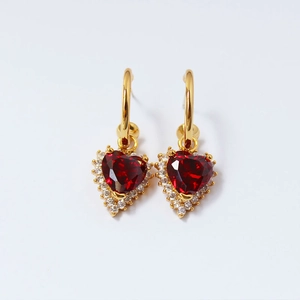 Elegant vintage heart ruby earrings with gold plating and sparkling zircon stones