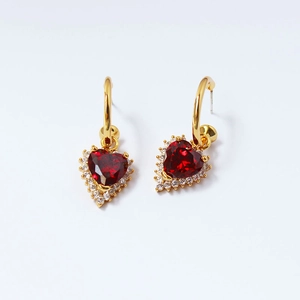 Elegant vintage heart-shaped earrings with red ruby zircon and gold accents