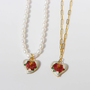 Vintage enamel rose heart pendant necklace with pearls and gold metal link chain