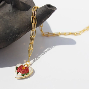 Vintage enamel red rose heart pendant necklace with gold paperclip chain for women