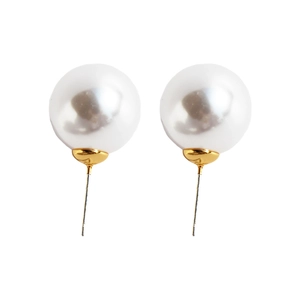 Classic round white pearl stud earrings with polished gold finish on white background