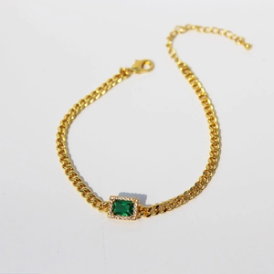 Gold-plated chain bracelet with rectangle emerald zircon and white cubic zirconia accents