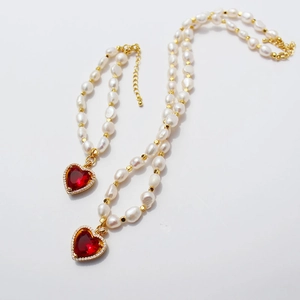 Gioielli Di Perle Barocche D Acqua Dolce Ciondolo Cuore Zircone Rosso Ottone Placcato Oro Collana Bracciale Vintage Elegante Donna
