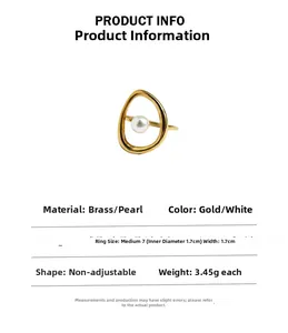 Fiche technique détaillée pour bague en laiton doré avec perle blanche et dimensions