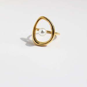 Bague En Laiton Creux Géométrique Abstraite Avec Künstliche Perle Bijoux Dorés Artistiques Minimalistes Pour Femmes