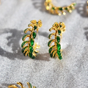 Retro gold earrings with green enamel leaves, handmade vintage layered metal jewelry