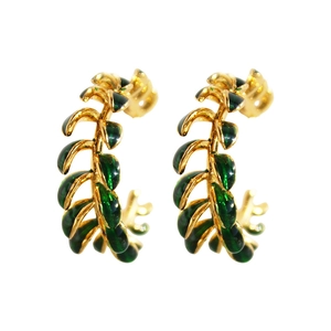Retro gold C-shaped hoop earrings featuring layered green enamel forest leaf design