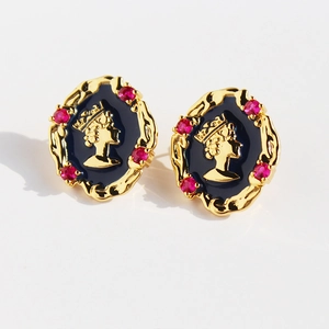 Vintage Elisabeth Porträt-Ohrstecker mit blauem Emaille und rosa Edelsteinen in Gold