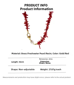 Detail of red branch coral necklace with freshwater pearl and heart charm, 42cm length