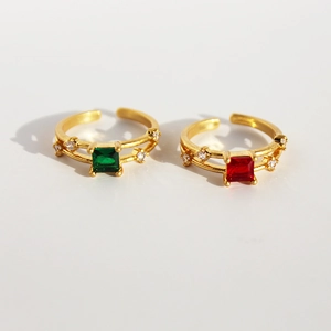 Anello Aperto in Ottone Vintage Con Zirconia Cubica Taglio Smeraldo Quadrato Verde Rosso Pietra Doppio Strato Regolabile Donna