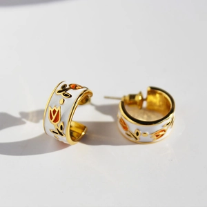 Brass Enamel Tulip Flower Hoop Earrings With Silver Earring Post French Vintage Style For Women