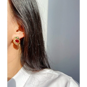French vintage strawberry earrings with red heart gemstone and gold brass finish