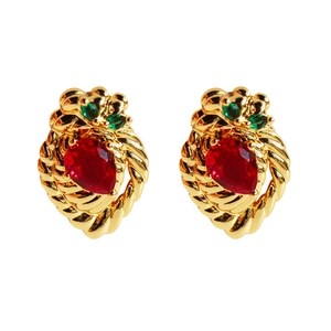Vintage gold-plated drop earrings with olive green marquise and red pear-cut crystals
