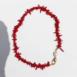Red Coral Style Branch Necklace And Bracelet With Freshwater Pearl Brass Heart Clasp Elegant Jewelry For Women