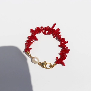 Irregular red coral branch bracelet with baroque pearl and golden heart lobster clasp