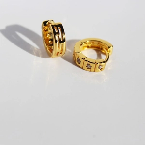 24k gold-plated brass huggie earrings with geometric cutouts and zircon inlay