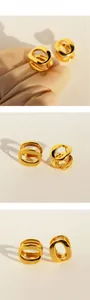 Detailed views of gold plated geometric hollow earrings from multiple professional angles