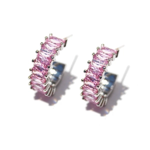 Pink Baguette Cut Zircon C Shaped Hoop Earrings With Silver Earring Post Brass Base Luxury Geometric Jewelry For Women