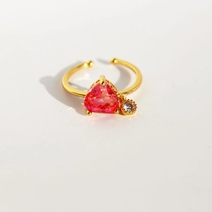 Adjustable golden open ring with pink heart zircon and sparkling side stone accent