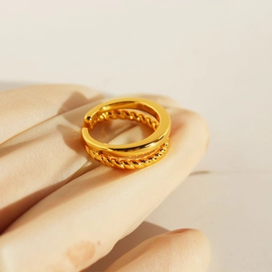 Double-layered twisted rope open ring with polished gold finish for adjustable sizing
