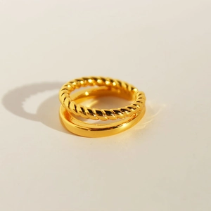 Golden double-layer twist and smooth open ring with polished brass finish