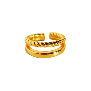Adjustable double-layered ring with gold plating featuring a twisted rope design and smooth band