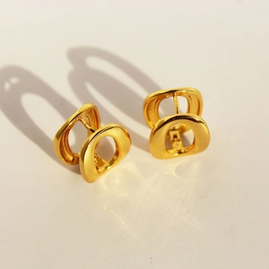 Polished gold-plated brass hollow geometric earrings with double-layered D-shape design