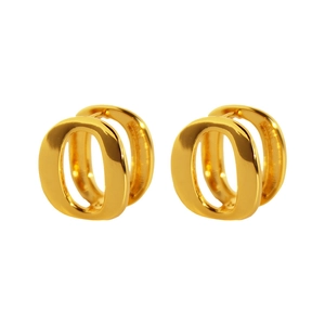 Minimalist double-layered gold geometric O-shaped drop earrings with high-polish finish