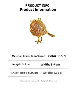 Detailed spec card for gold bird brooch with dimensions 3.5x3.9cm and 8.38g weight